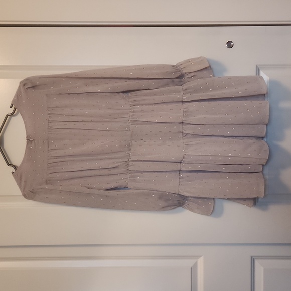 DO+BE long sleeve, deep V, mini dress. Grey with gold and silver accents. - Picture 3 of 3